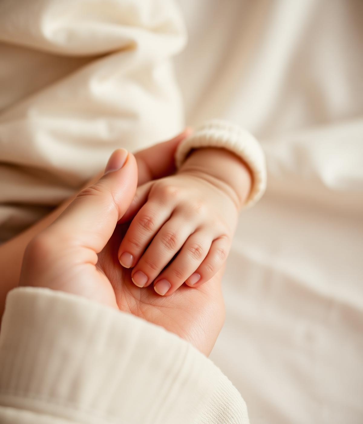 Mãozinha de bebê apoiada na mão da mãe